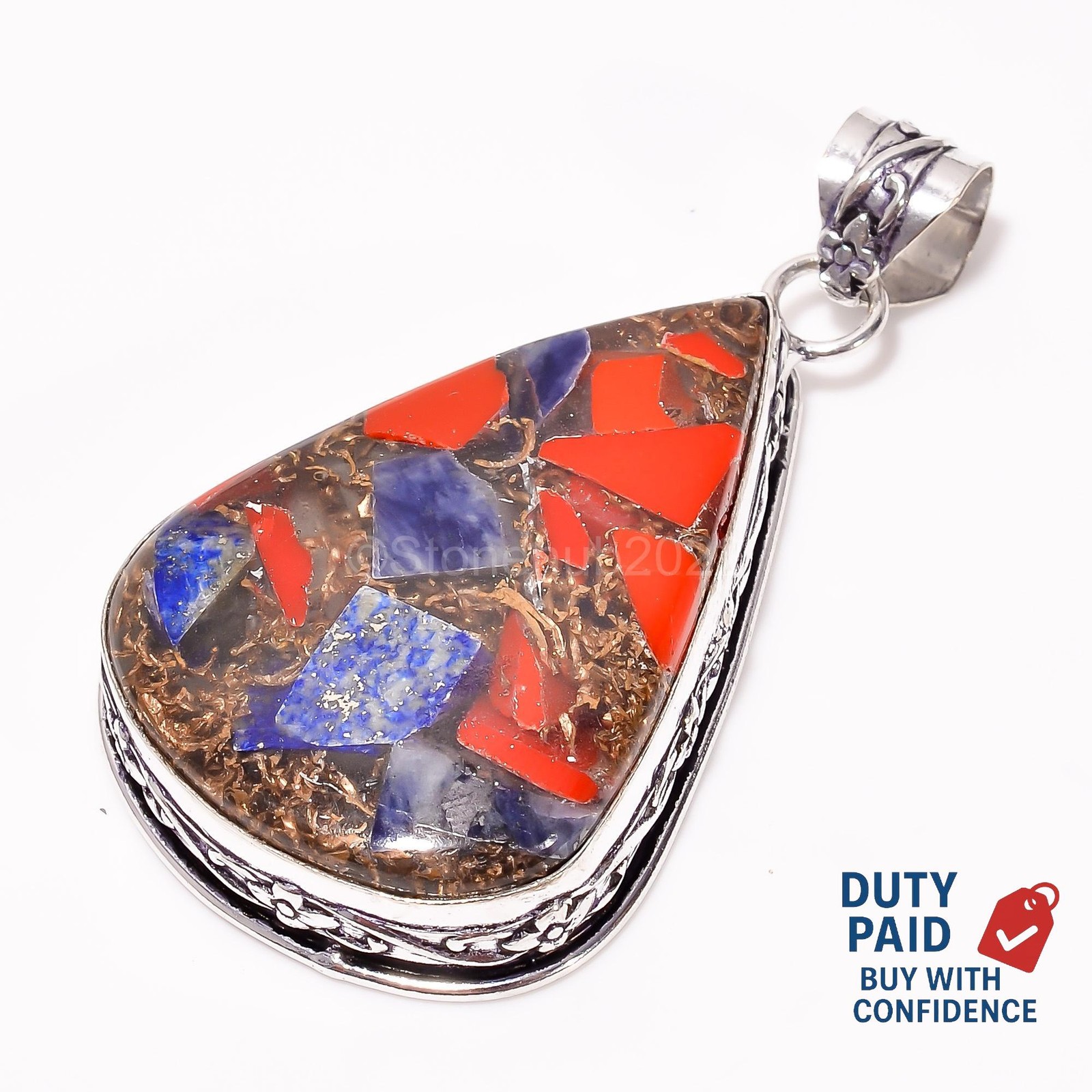 Natural Spiny Copper Lapis Lazuli Coral Sterling Silver Handcrafted Boho Pendant