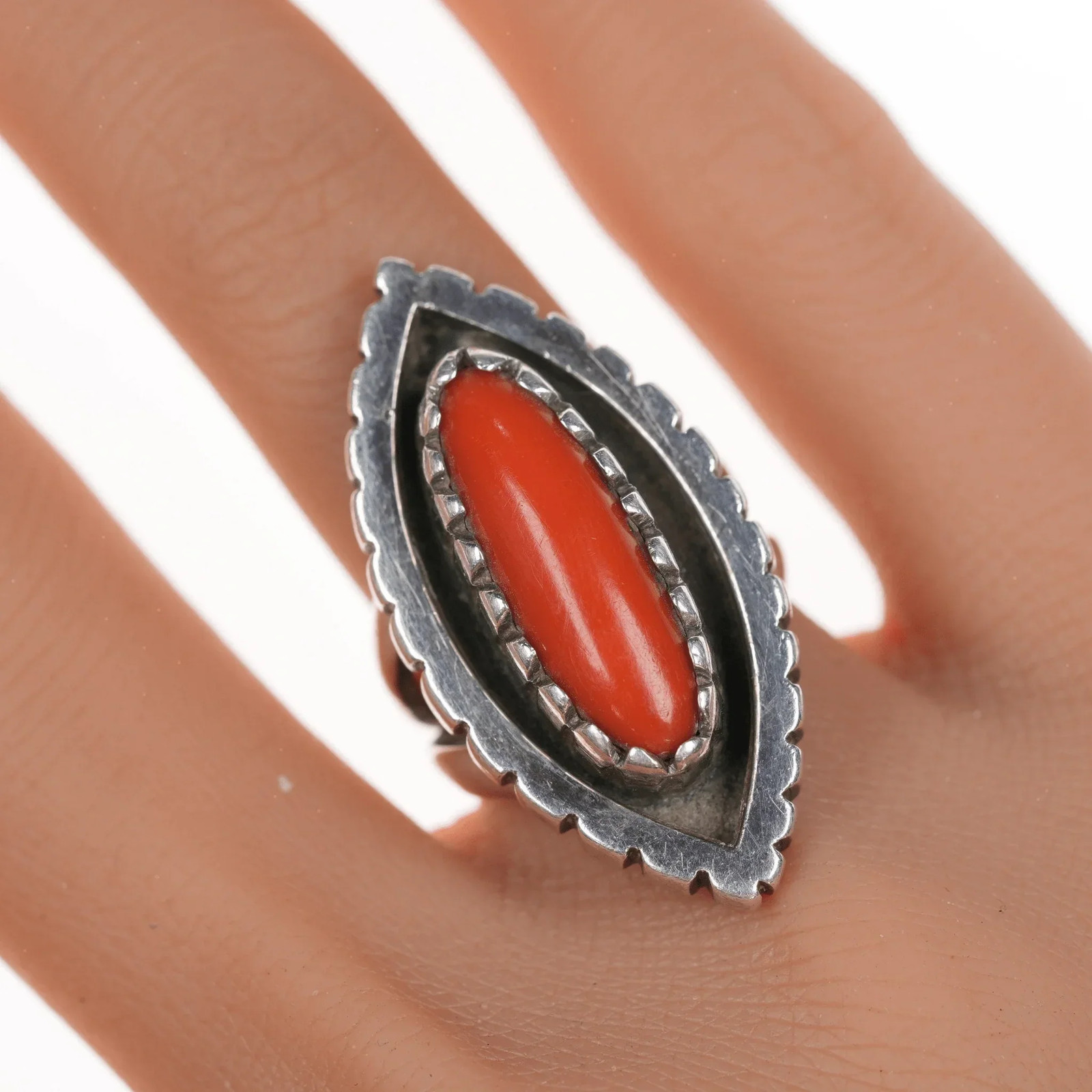 sz6 Mitchell Calabaza Kewa sterling silver ring with Mediterranean red coral