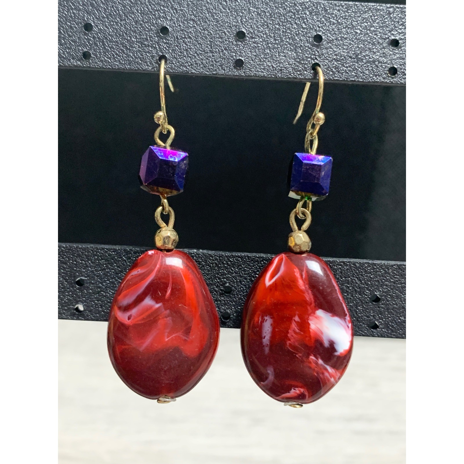 Red Marbled Resin Teardrop Earrings Purple Iridescent Cube Bead Gold Tone Hooks