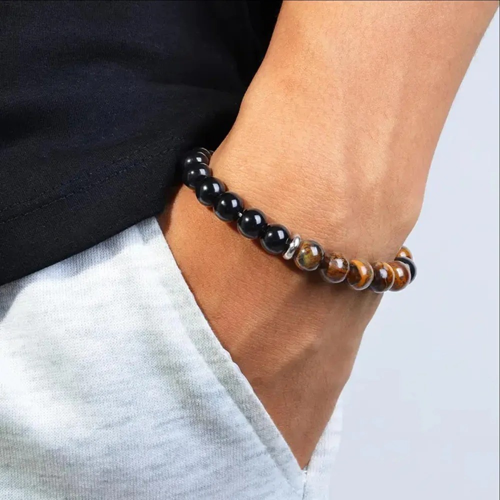 Triple Protection Bracelet Tiger Eye Obsidian Hematite 8mm Bead Stretch