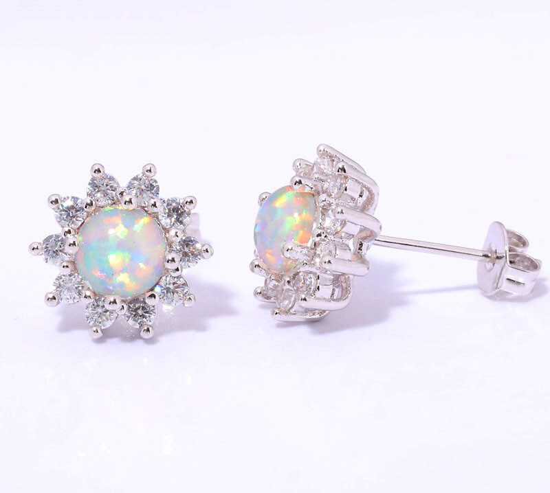 NEW Delicate Silver Stud Earrings, White Fire Opal and Cubic Zirconia
