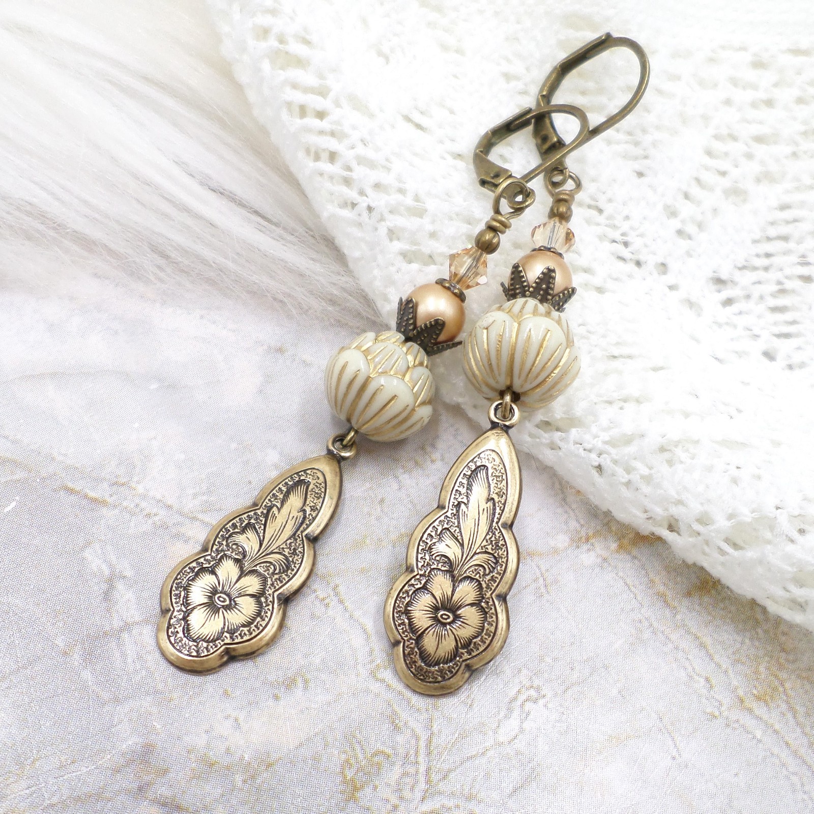Victorian Floral Brass Earrings, Cream Acrylic Bead Handmade Dangle Jewelry