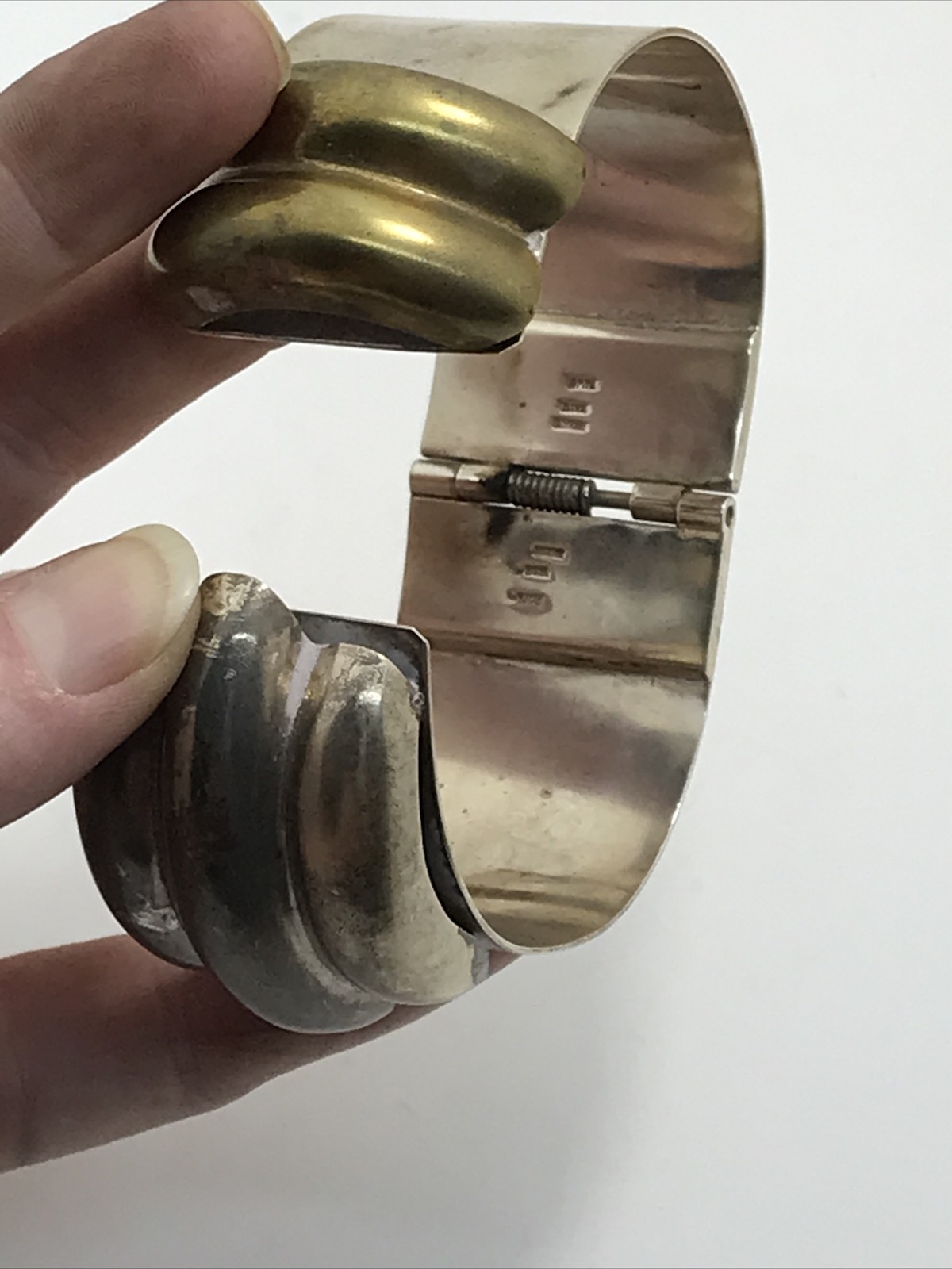 Vintage NVC Mexico 925 Sterling Silver Brass Accent Hinged Bracelet sz 7.25