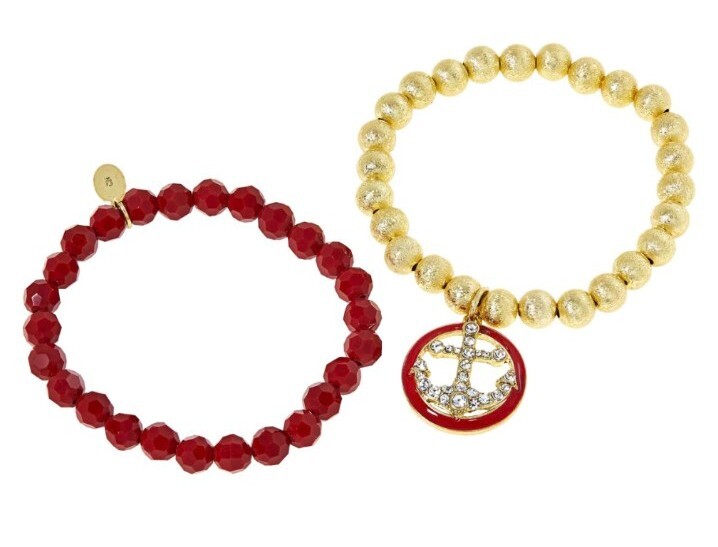 HEIDI DAUS “Anchors Away” Crystal/Enamel Bead Stretch Bracelet Set Red/Sm – NWT