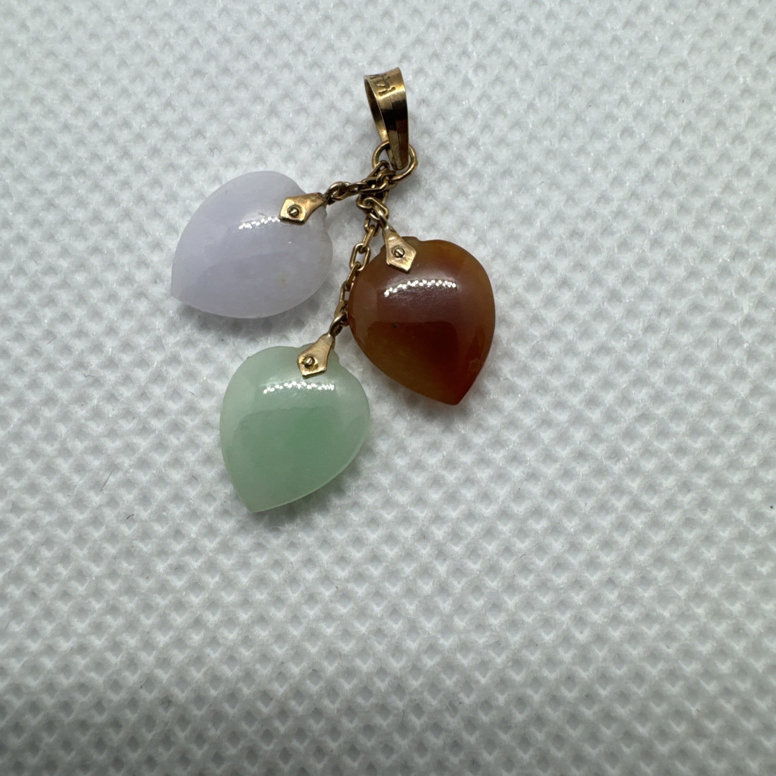 14k Solid Yellow Gold Green Brown White Jadeite Jade 3 Heart Pendant Charm 585