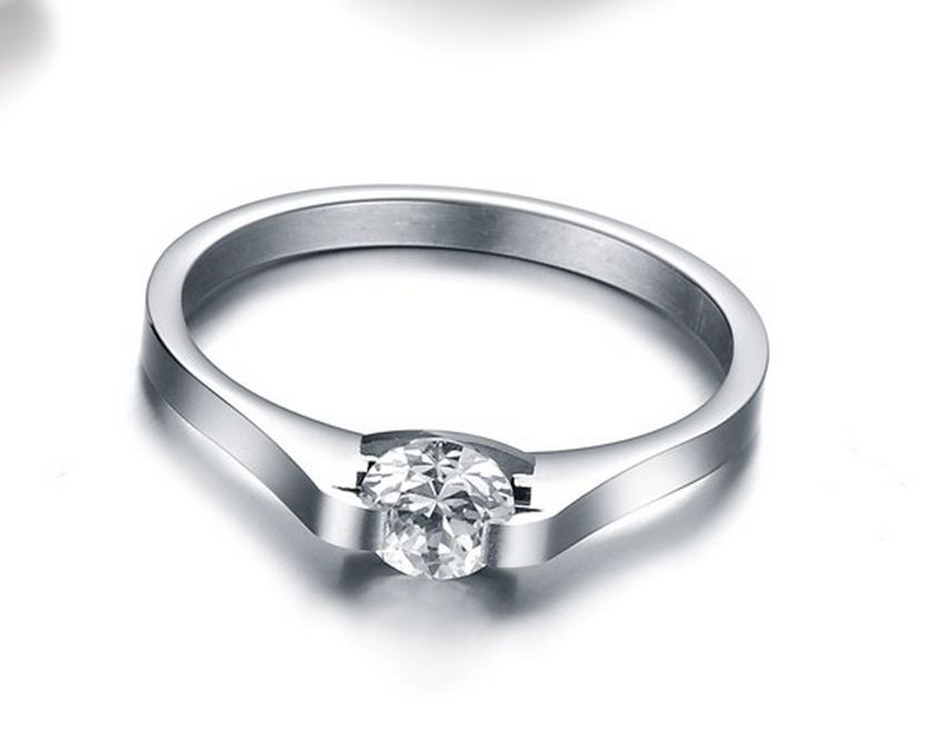 Stainless Steel 316L Cubic Zirconia Solitaire Engagement Ring Wedding Band