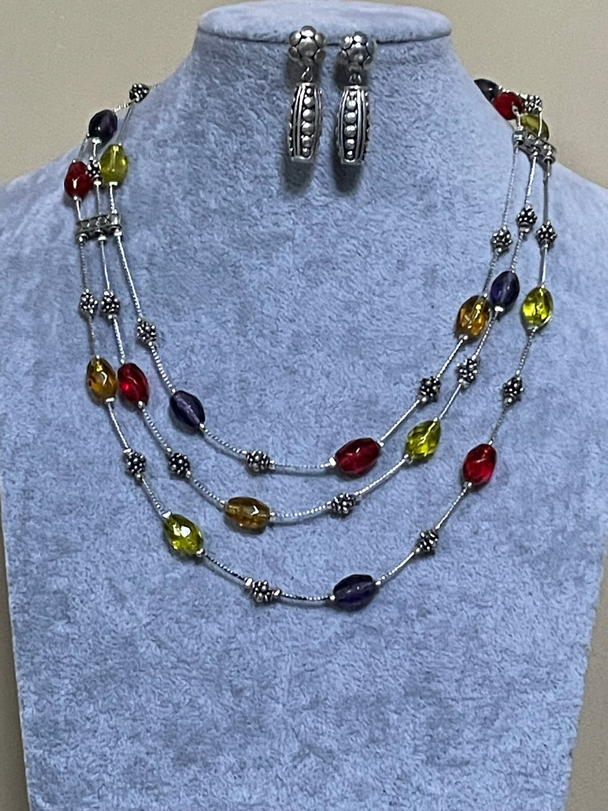 three Layers multi color faceted glass bead silver tone finish necklace earring