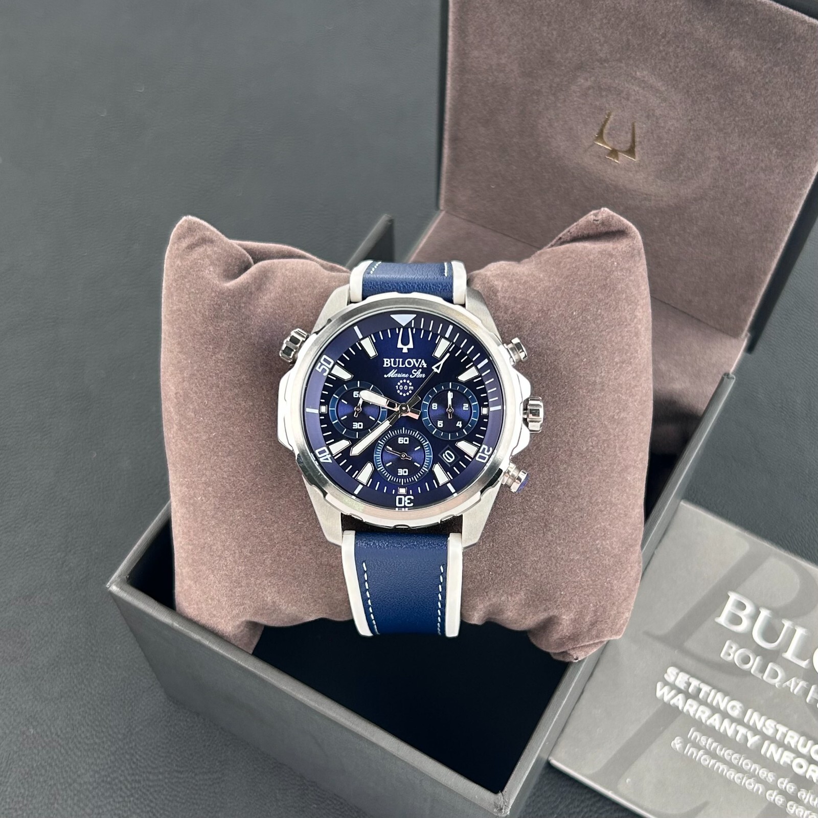Bulova Marine Star 96B287 Blue Dial-Blue Silicone Strap Men’s Quartz Watch 43mm