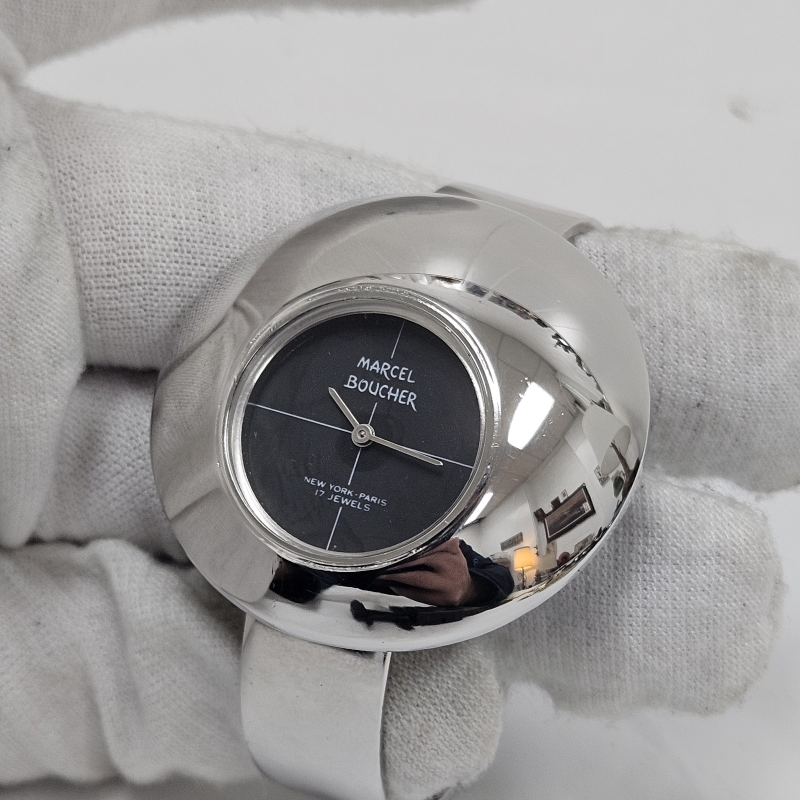 MARCEL BOUCHER UFO Retro MCM Manual WIND-UP Ladies Watch Chrome Black Dial 17J