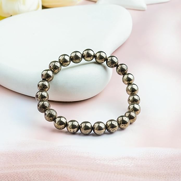 Natural Gemstone 8 mm Bracelet Men & Women Stretchable Crystal Beads Pyrite