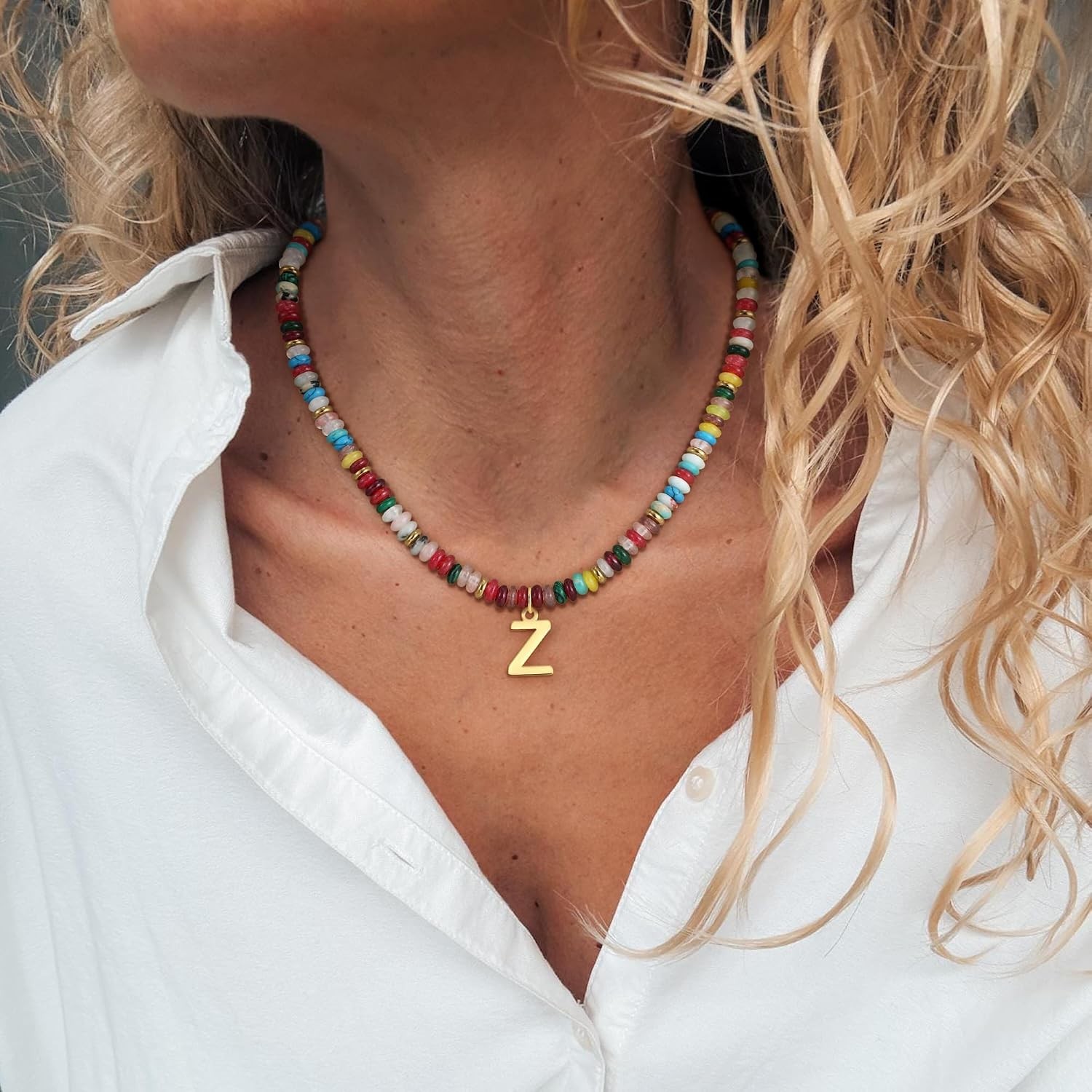 Handcrafted Rainbow Bead Initial Necklace – Personalized Summer Accessory