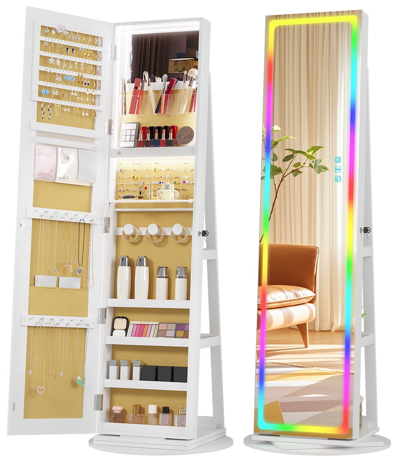 360° Rotating Jewelry Cabinet with Full Length Mirror, Standing Jewelry Organize