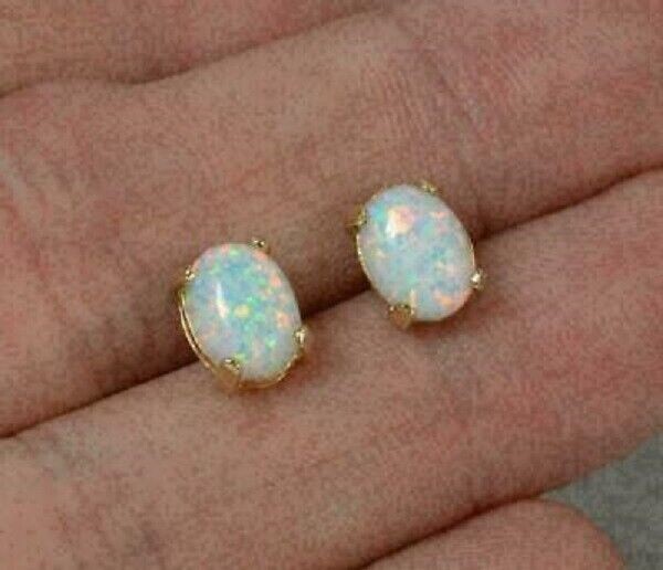 3Ct Oval Cut Fire Opal Beautiful Solitaire Stud Earrings 14K Yellow Gold Finish