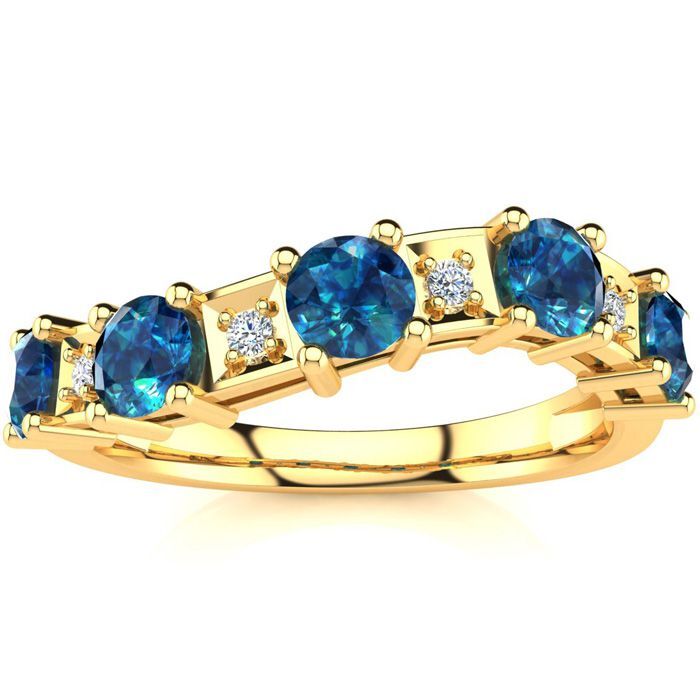 10K Yellow Gold 1 Carat Blue and White Diamond Journey Band