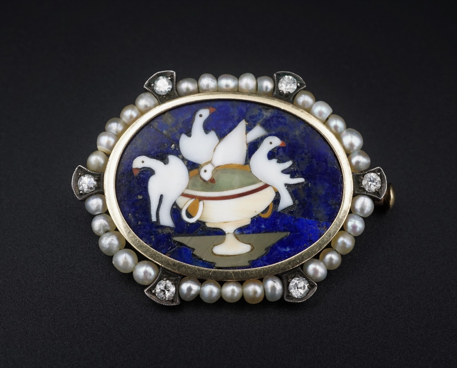 Antique 14k Pietra Dura Lapis Mosaic Pliny’s Doves Diamond Pearl Brooch OG393