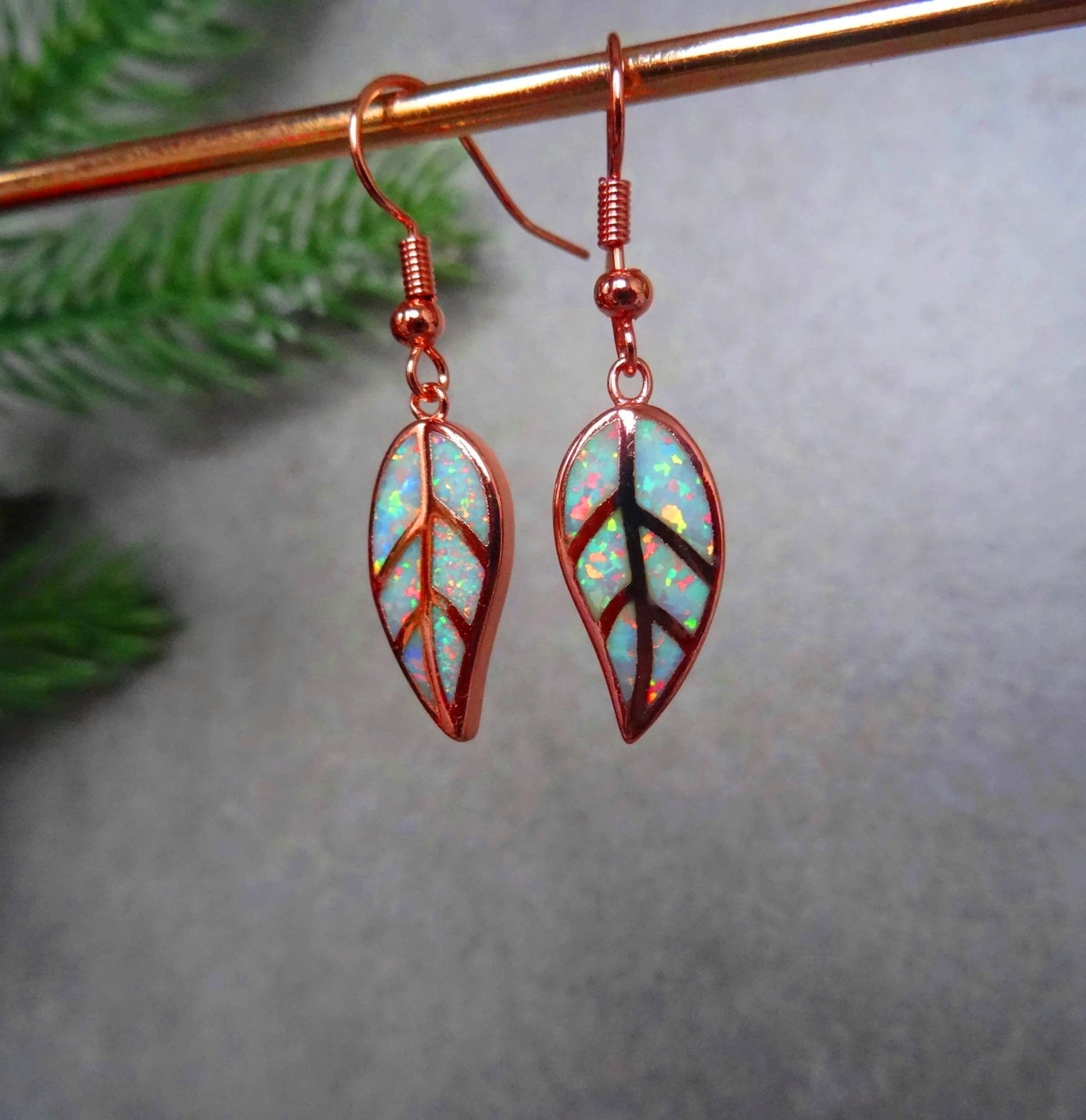 Rose Opal Leaf Earrings Rose Gold Plated Fire Opal Earrings in Rose Gold Opal