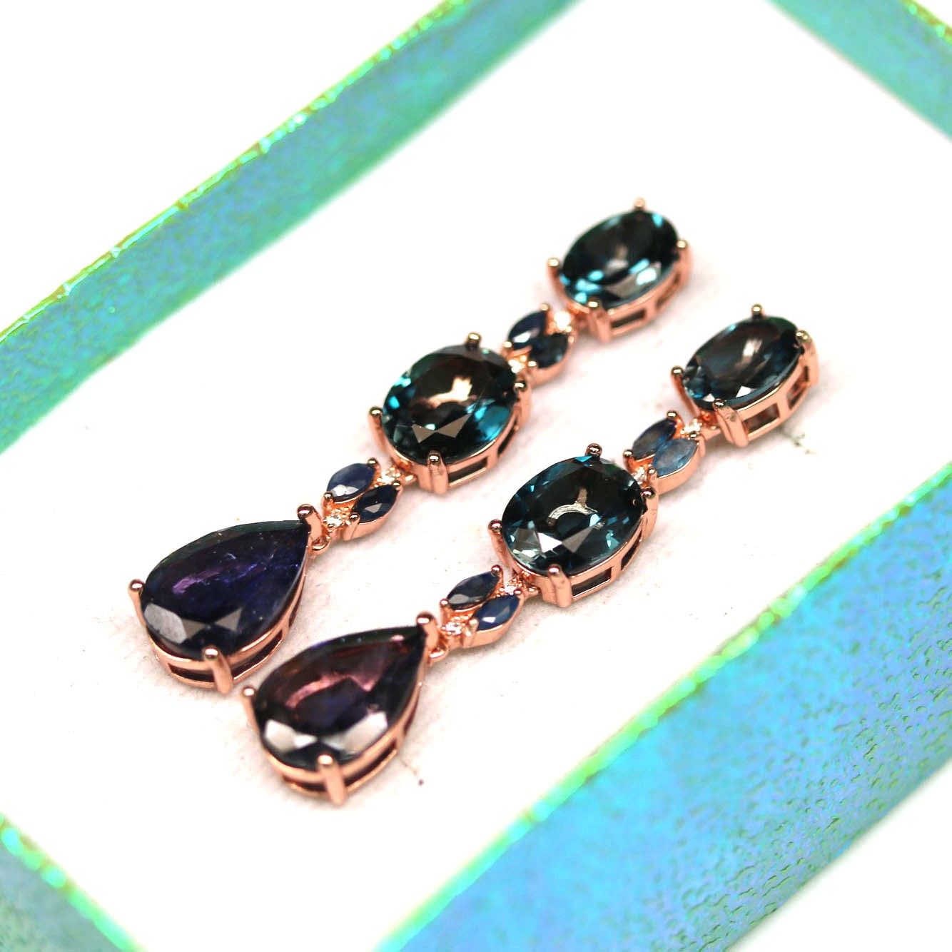 Handmade 925 Silver 7 x 11 mm. Blue Iolite Topaz Sapphire ZirconEarrings
