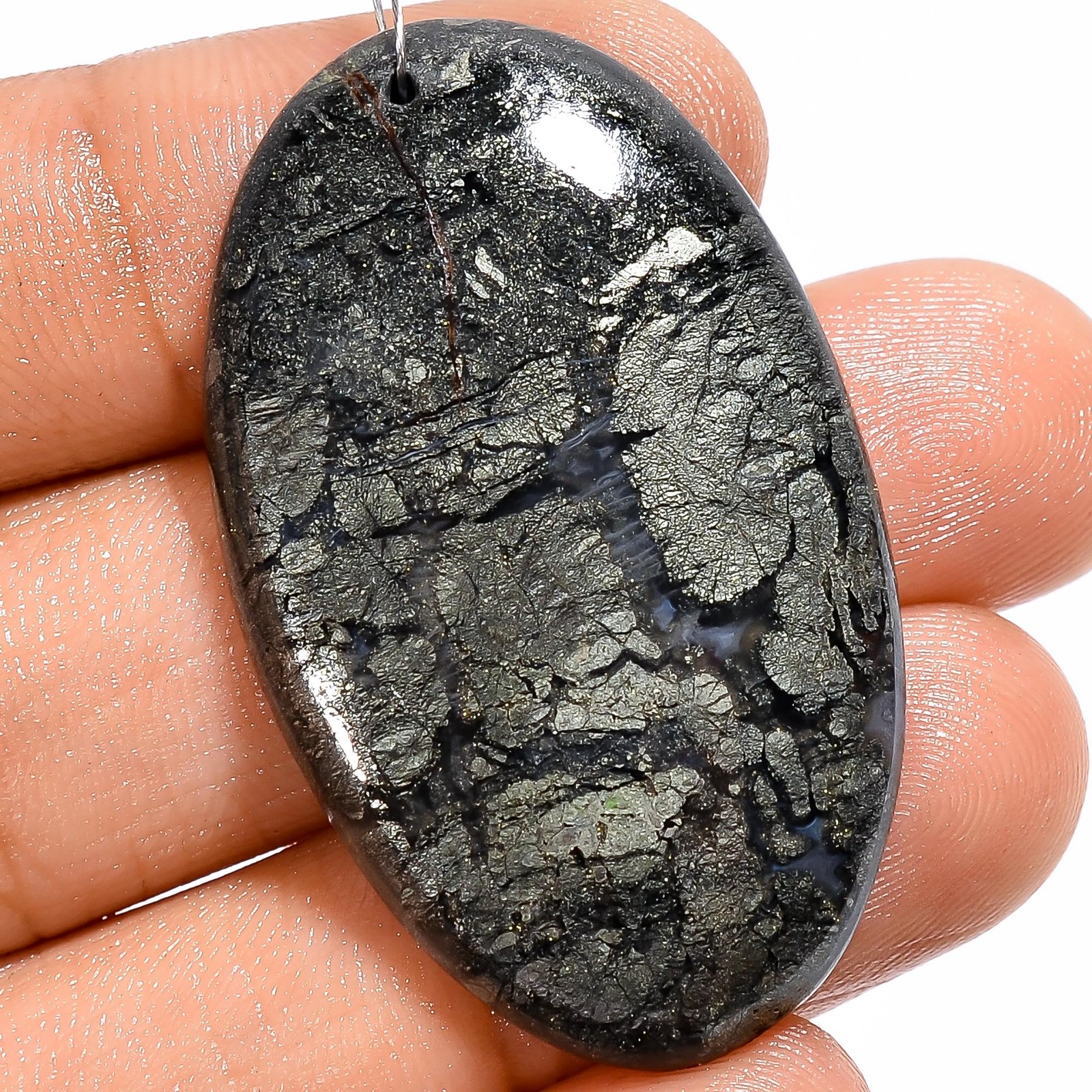 Natural Marcasite Agate Oval Cabochon Drilled Gemstone 47.5 Ct 40X24X5mm A-23540