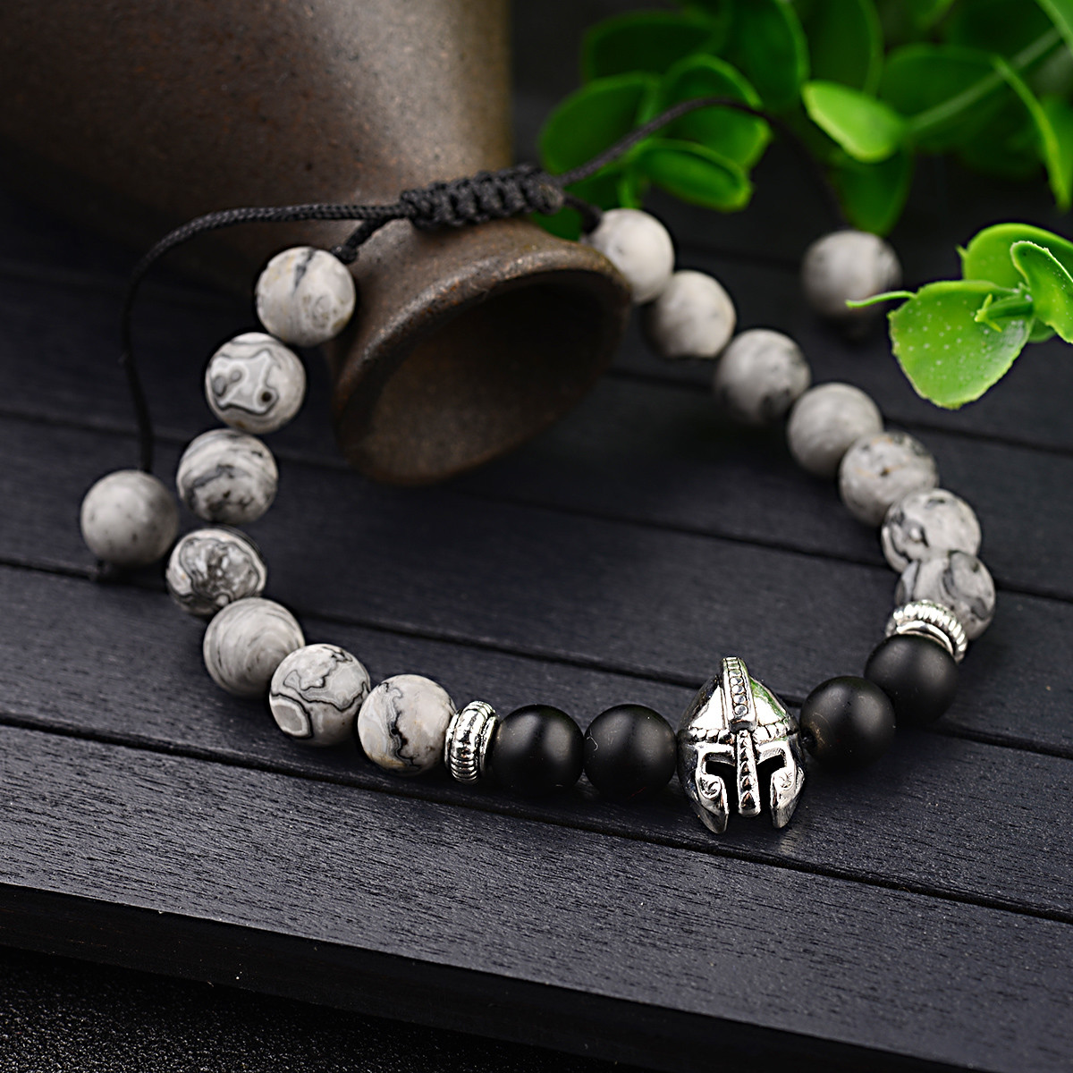 Men’s Helmet Braided Bracelets 8mm Natural Stone Lava Rock Adjustable Bracelets