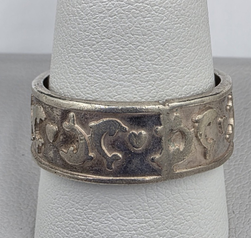 Dolphin Motif Sterling Silver Band RingSize 10.75 Marked Mex