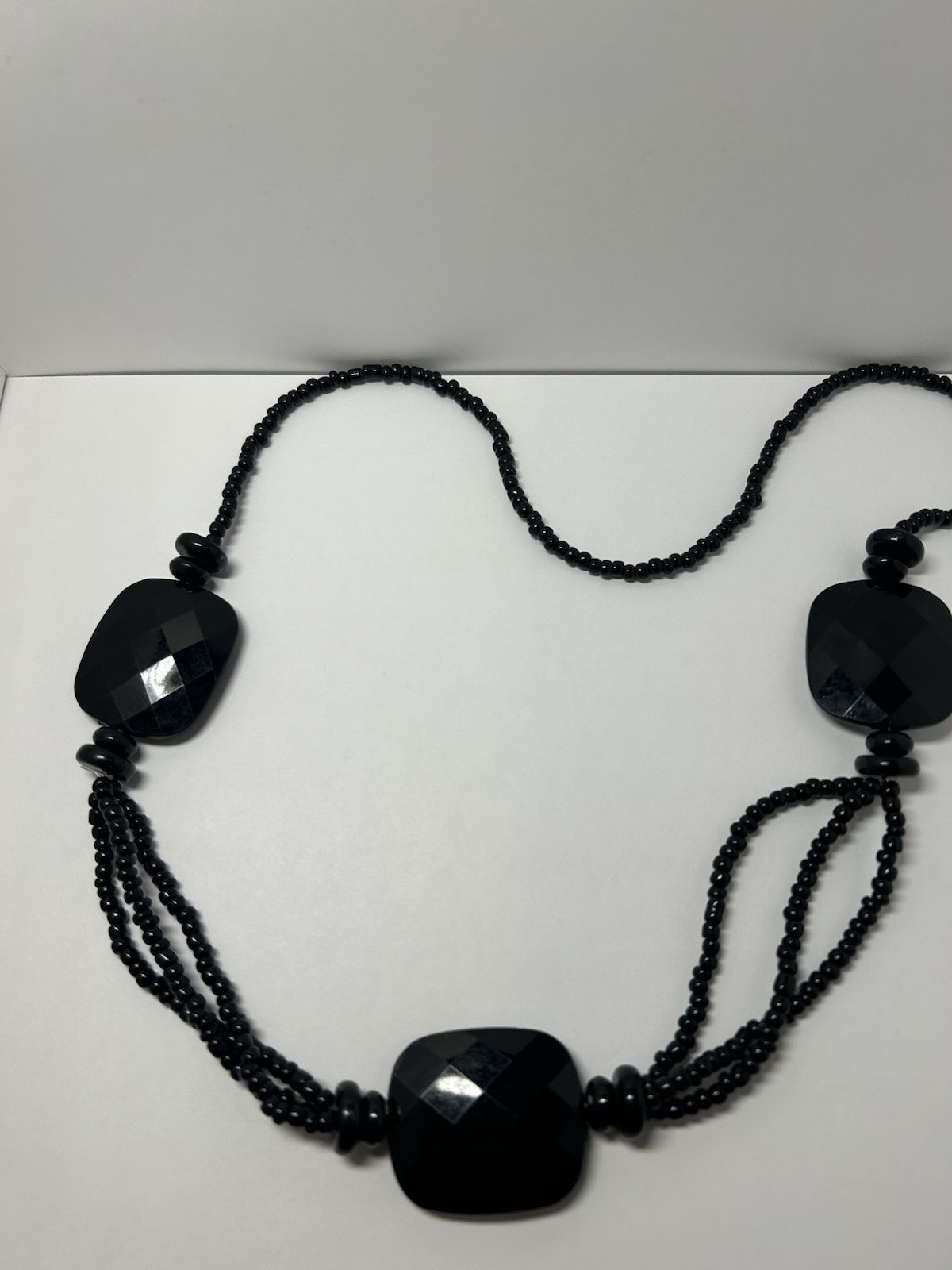 Black Glass Beaded Ball Chain Statement Necklace Large Faceted Beads