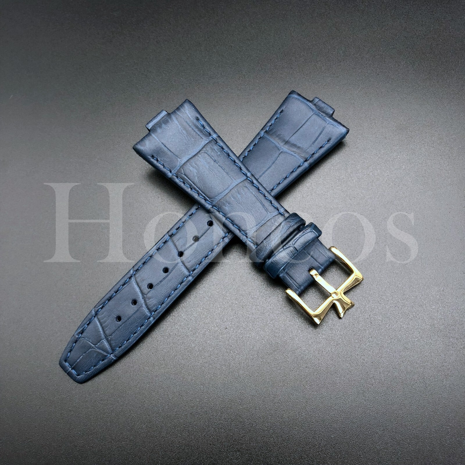 26X18MM D/Blue Genuine Leather Watch Strap Band Fits For VC Overseas Gold Buckle