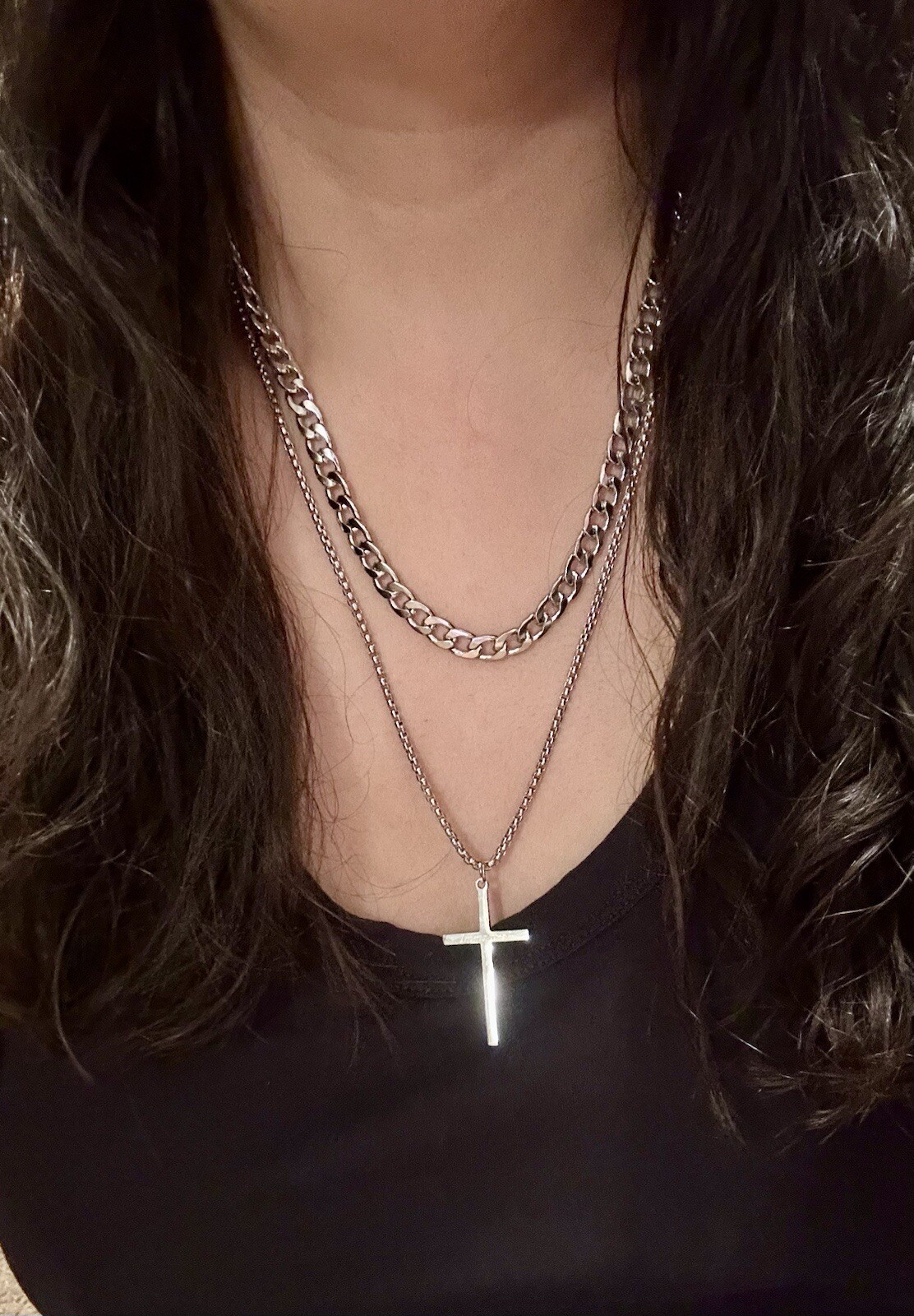 Men Double Layer Cross Pendant Necklace Stainless Steel Hip Hop Gothic Unisex