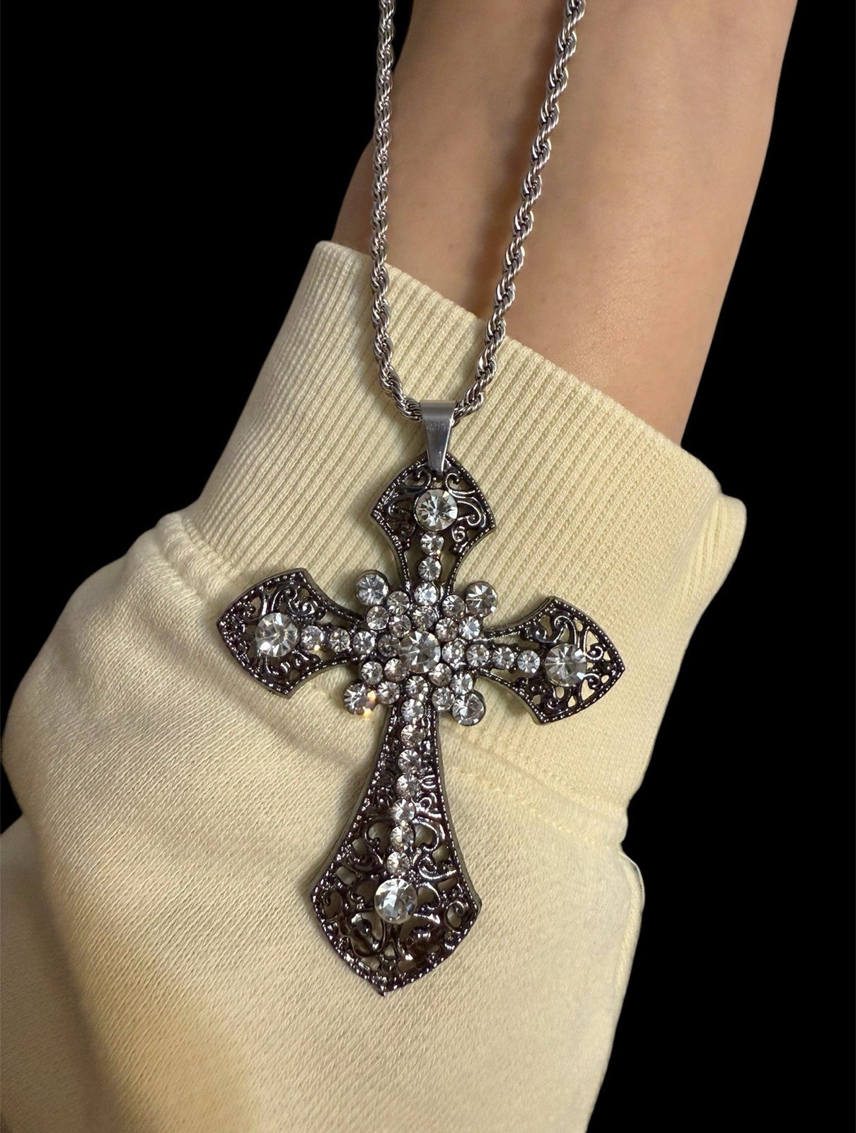 Large Victorian Cross Necklace Chain Silver Religious Gothic Grunch Whimsgoth