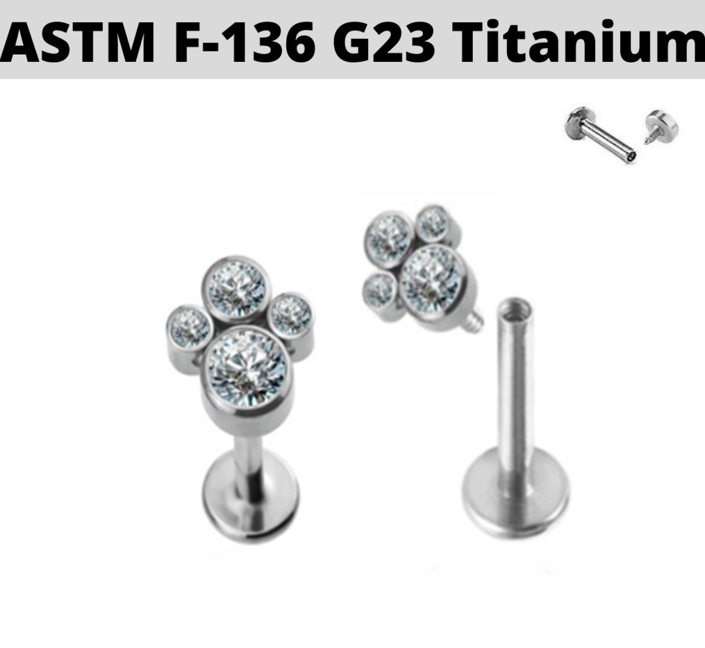 16G 1/4″ 6mm TITANIUM PAW CZ INTERNALLY THREADED LABRET RING EAR STUD flatback