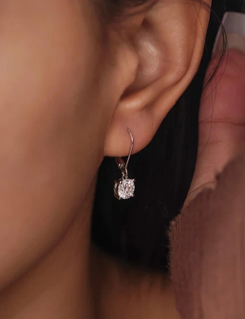 Solitaire Round 14K White Gold Plated 2ct Lab Grown Diamond Lever Back Earrings