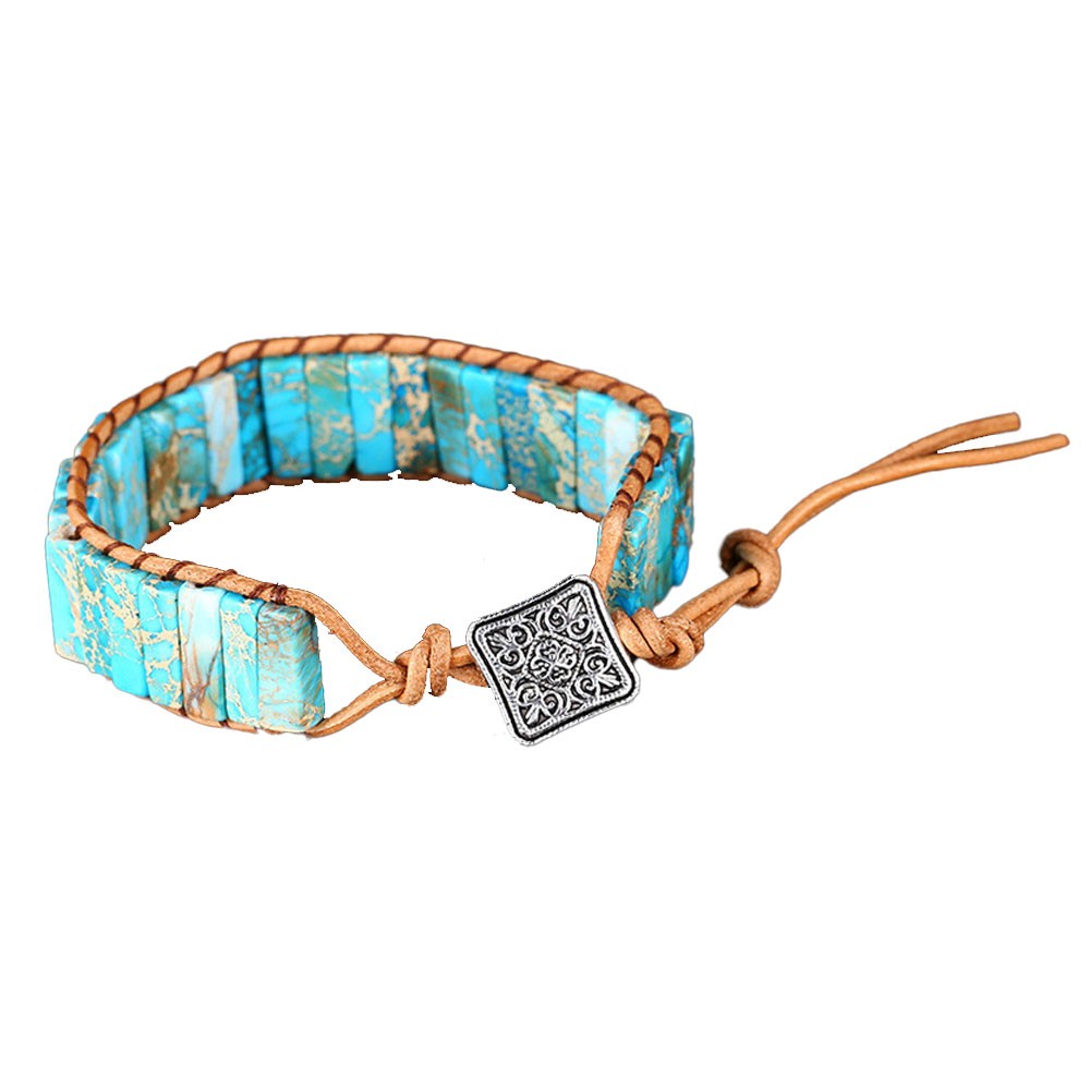Natural Turquoise Tube Stone Bracelet Leather Braided Healing Reiki Gifts 6.7 in