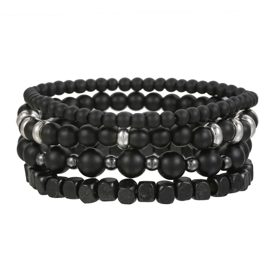 4pcs Black Stone & Wood Bead Elastic Bracelet Set for Men Women NEW