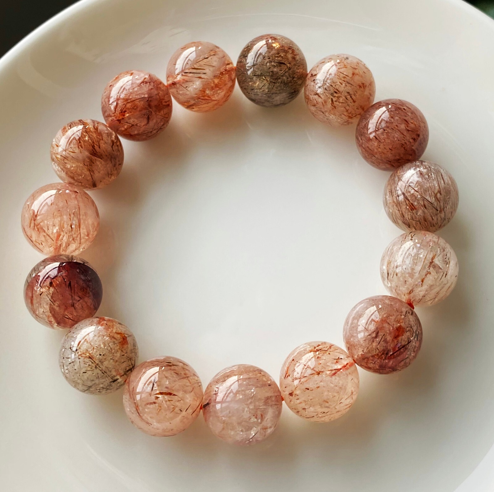 13.4mm Natural Red Gold Rutilated Quartz Crystal Beads Bracelet C758