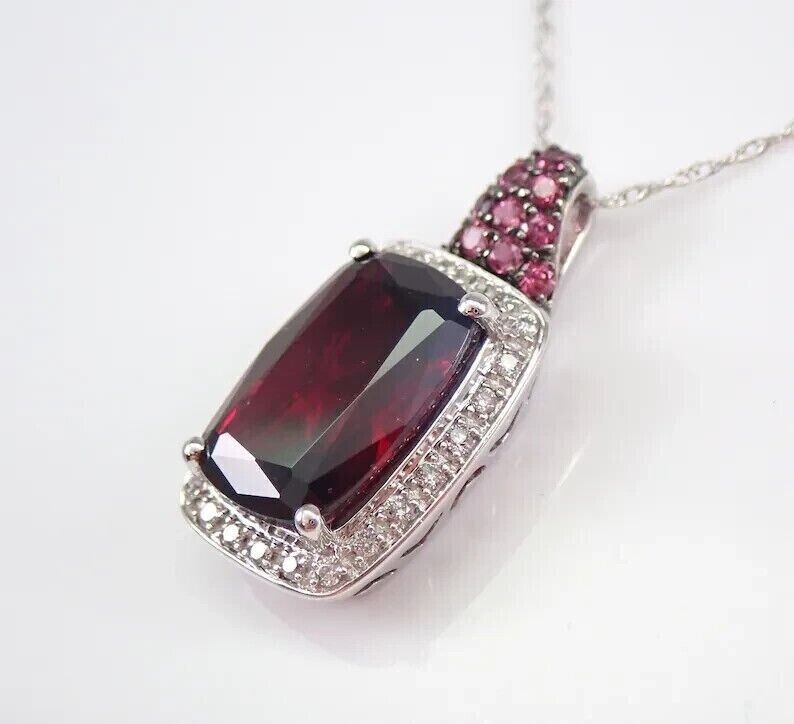 Pretty 2Ct Cushion Cut Simulated Red Garnet Halo Pendant 14K White Gold Plated
