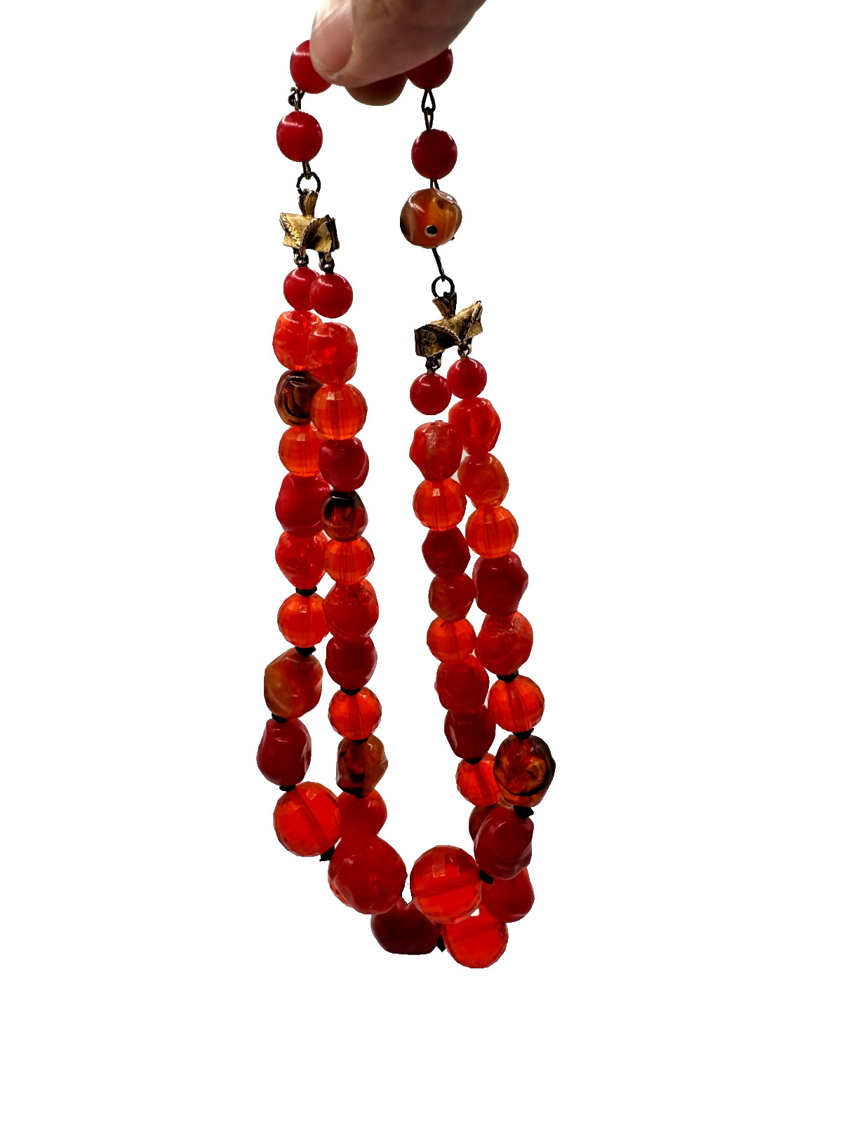 Gorgeous Signed Coro 2 Strand Beaded Choker Necklace Lucite Vintage Red Orange