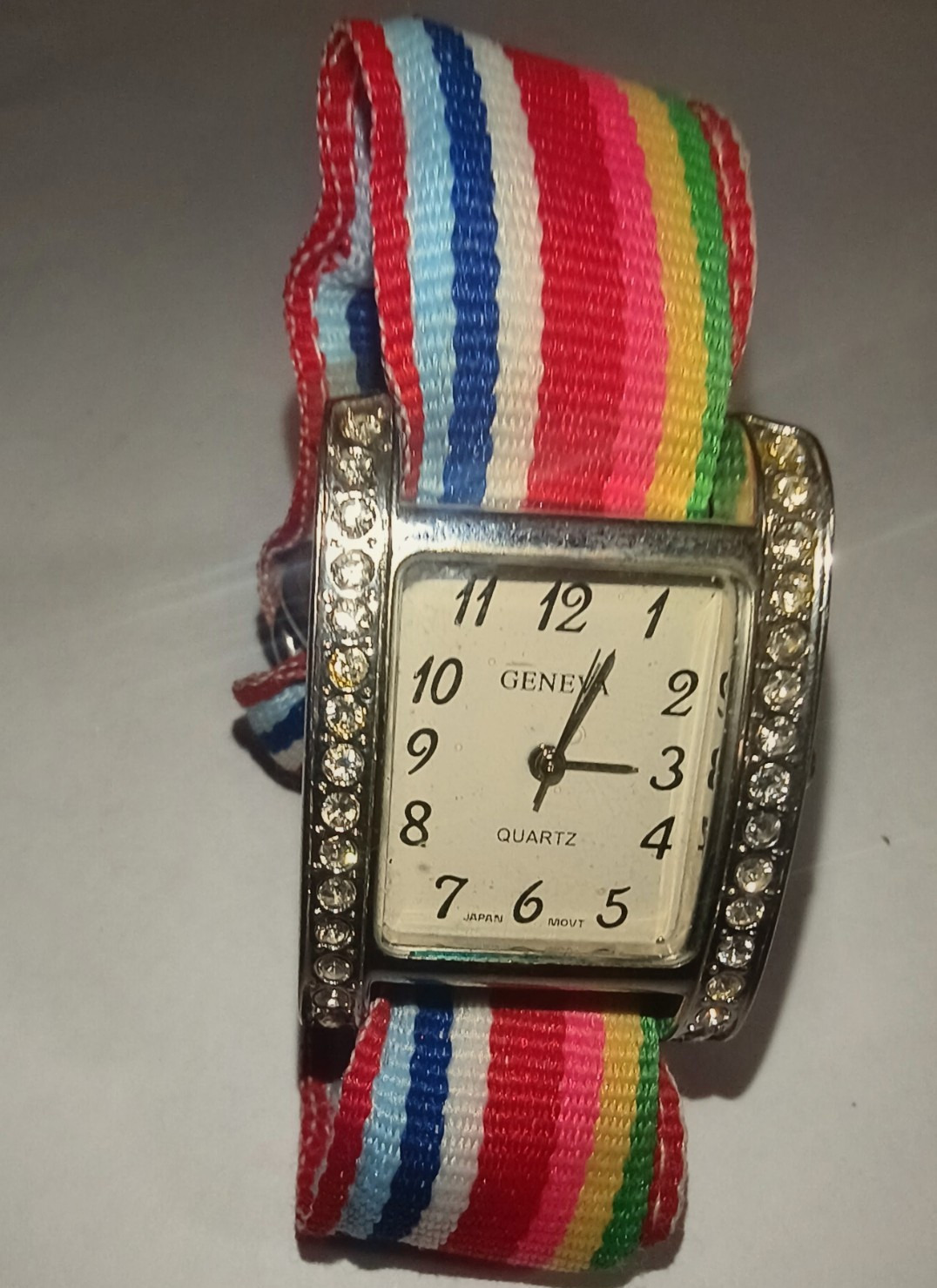 Geneva Quartz Women’s Rectangle Analog Watch Silver Case Multicolor NATO Strap