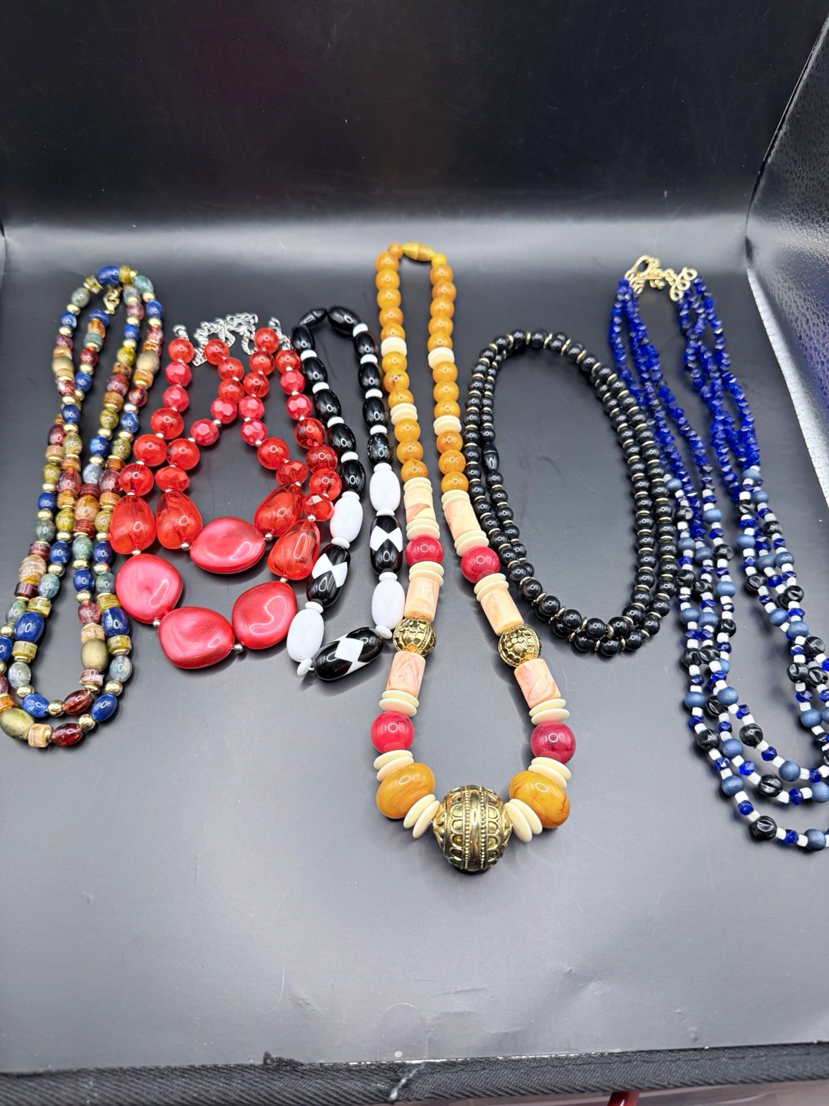 Lot of 6 Vintage Glass & Lucite Beaded Statement Necklaces Retro Colorful Bold