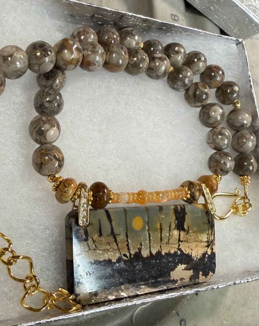 CHERRY CREEK JASPER PENDANT WITH CRINOID FOSSIL & ETHIOPIAN OPAL BEAD NECKLACE