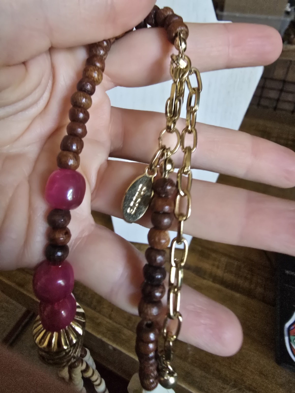 Chico’s Necklace Long Statement Natural Wood Beads Pink Brown Multistrand 36-39″
