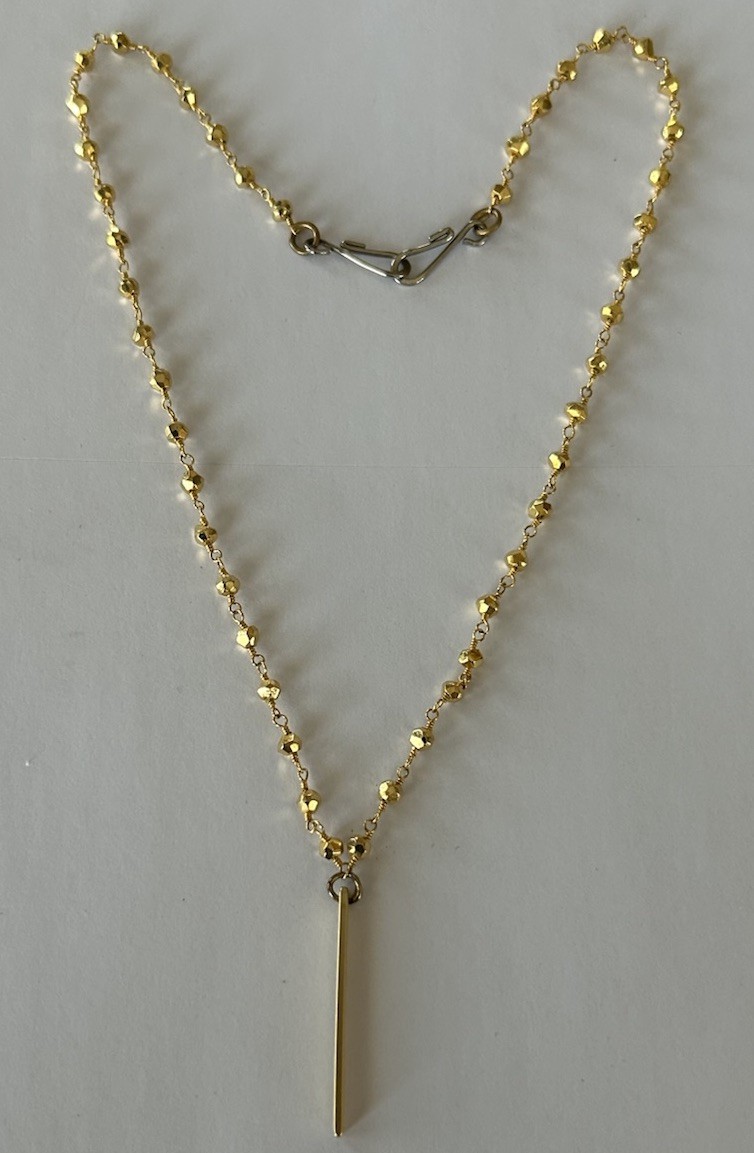 17” Gold Tone Station Faceted Bead And Chain Drop Bar Pendant Necklace