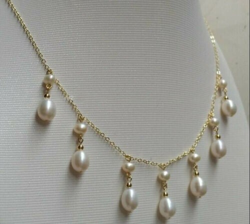 New Akoya Natural White Pearl Necklace 18″ 14k Yellow Gold lady necklace