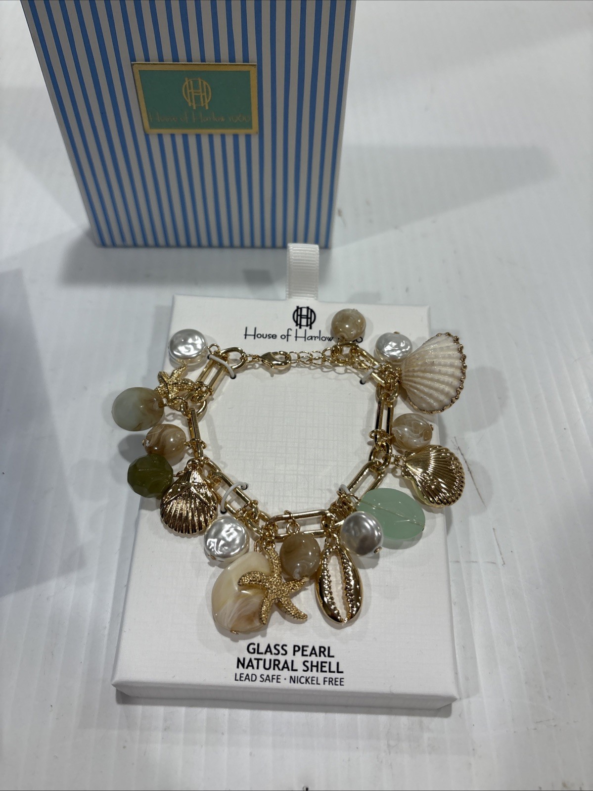 House of Harlow Glass Pearl and Natural Shell Beach Charm Bracelet NWT