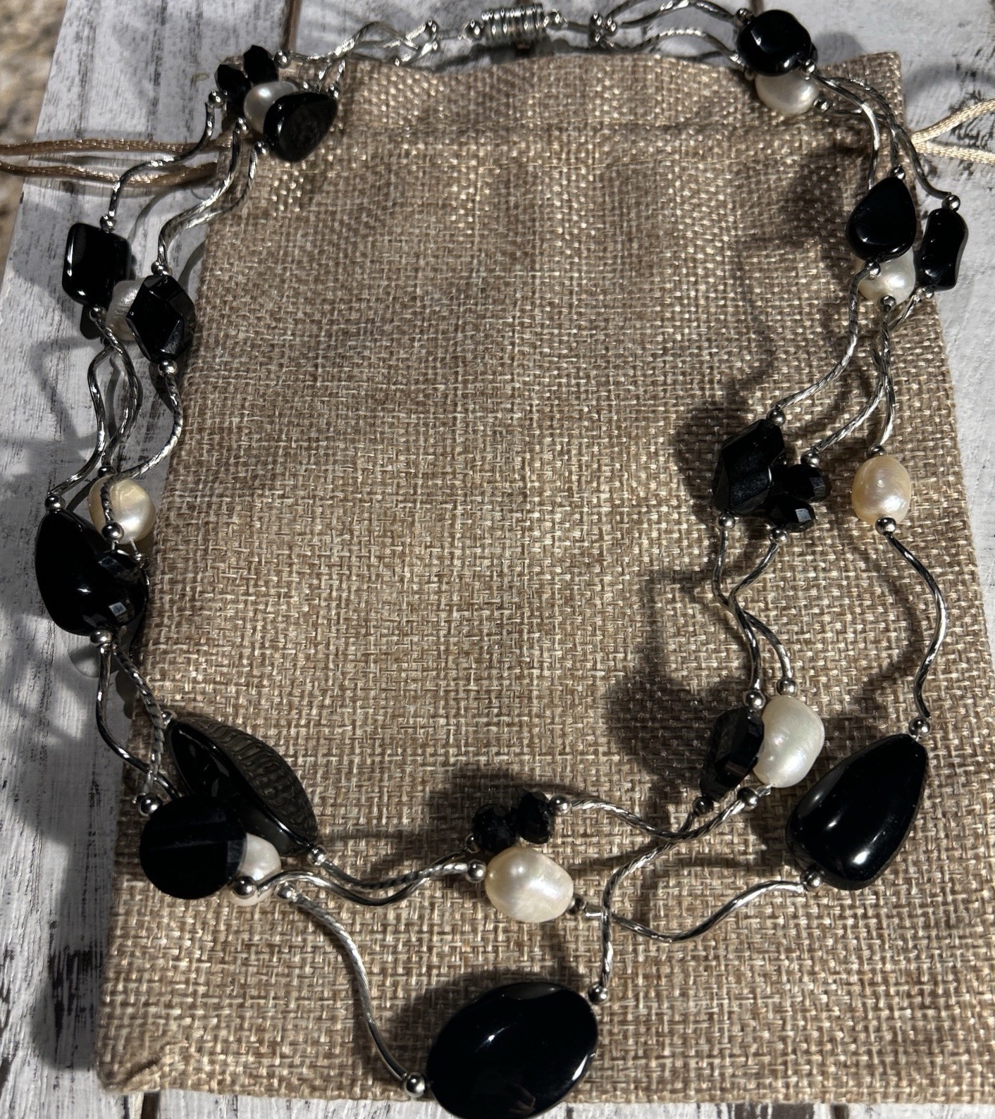 Artisan Black Crystal + Glass Bead Freshwater Pearl 3- Strand Wavy Link Necklace