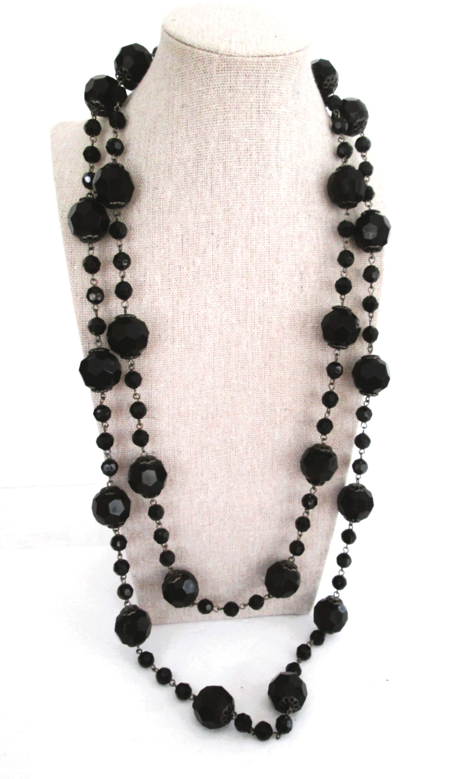 Vintage Jet Black Faceted Bead Long Flapper Necklace 54″ Retro Goth Opera Length