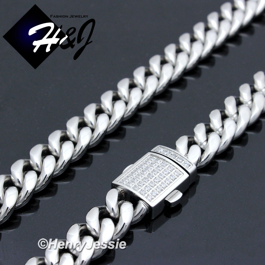 18″-40″Stainless Steel 7/10/12mm Silver/Gold Plated CZ Cuban Curb Necklace*N165