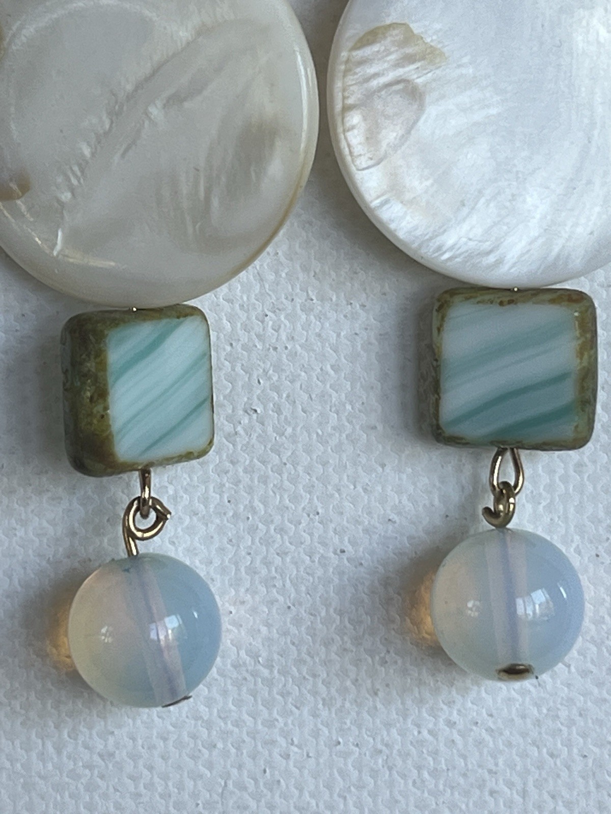 Mother Of Pearl, Moonstone, & Glass Dangly Earrings. Gold Plated&Brass Findings