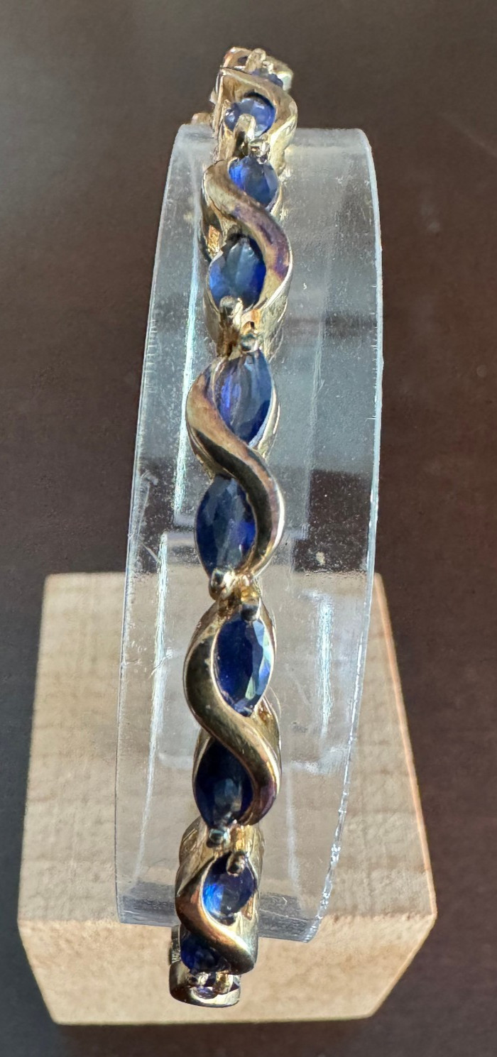 STERLING SILVER GOLD PLATED 925 TENNIS BRACELET WITH BLUE STONES 7.5 INCH LONG