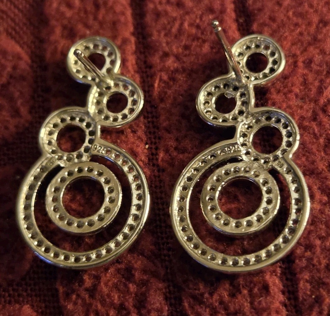 Brilliant Embers Silver 925 Polished Pavé CZ Fancy Circle Post Dangle Earrings