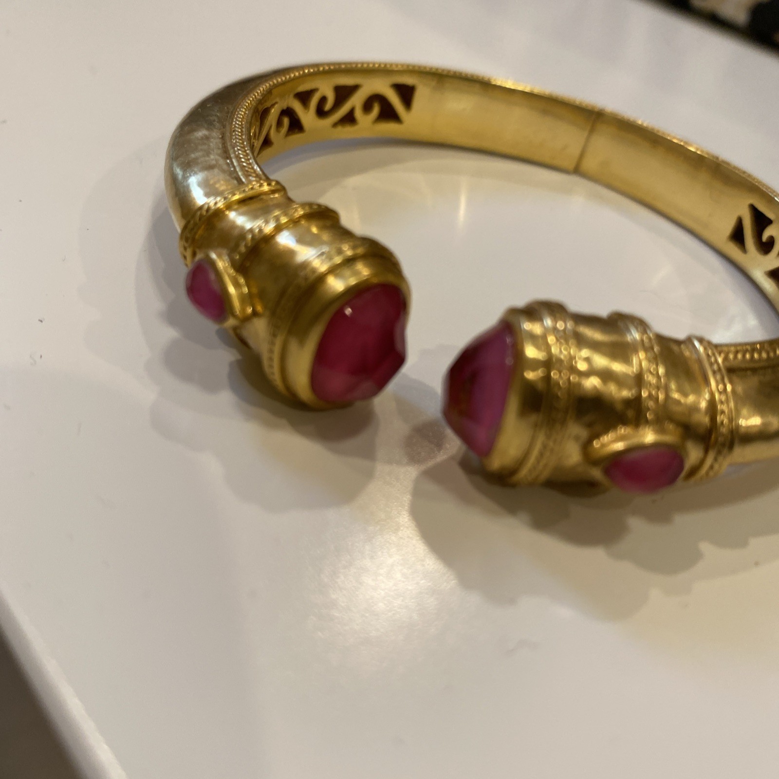 NEW Julie Vos Hinged Cuff Bracelet Bangle 24k Gold Plate Pink Stones