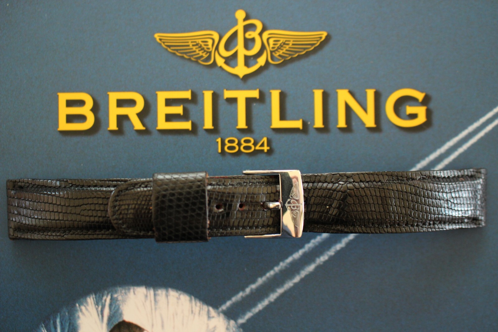 VINTAGE 18MM TONGUE BUCKLE BLACK LIZARD WATCH BAND WATCHBAND STRAP FOR BREITLING